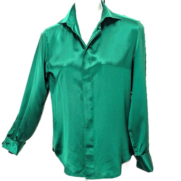 Ralph Lauren Black Label Green Silk Charmeuse Blouse XS / 2 Long Sleeve Button - Picture 1 of 16
